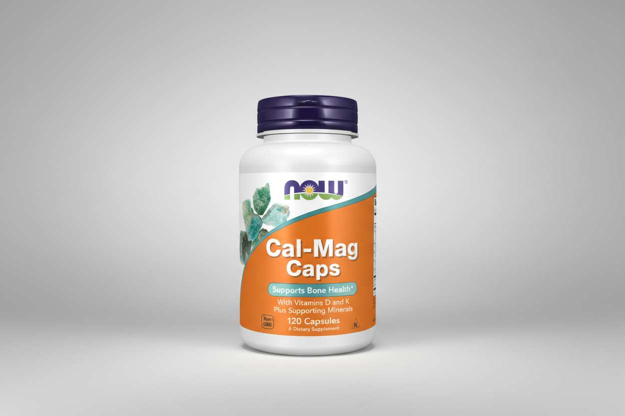 Supplement bottle labeled 'Cal-Mag Caps' by NOW on a white background