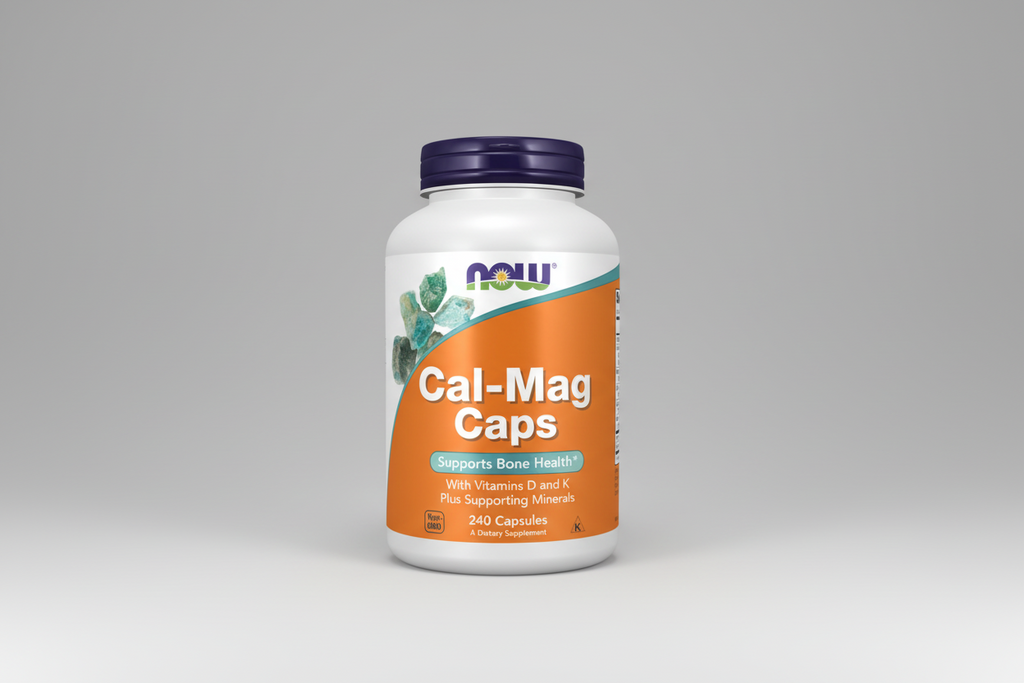 Supplement bottle labeled 'Cal-Mag Caps' by NOW on a white background