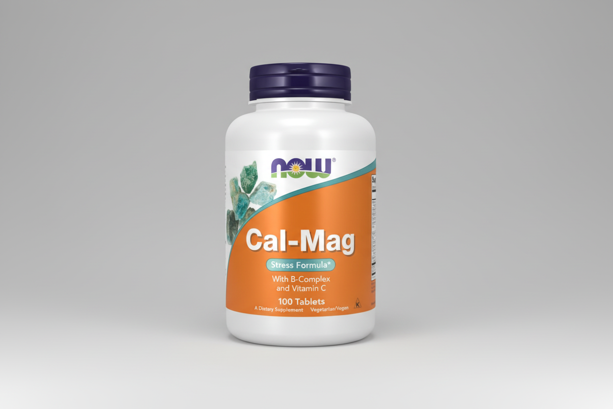 Supplement bottle labeled 'Cal-Mag' with NOW brand on a white background