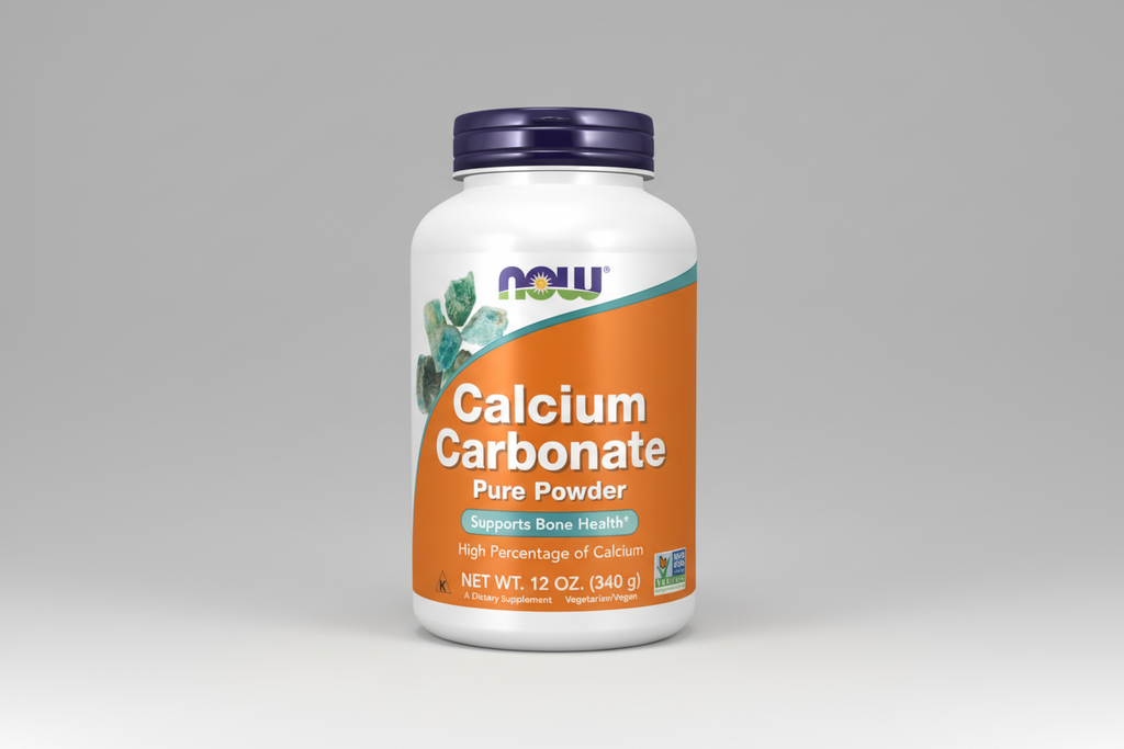 Supplement bottle labeled 'Calcium Carbonate Pure Powder' by NOW on a white background