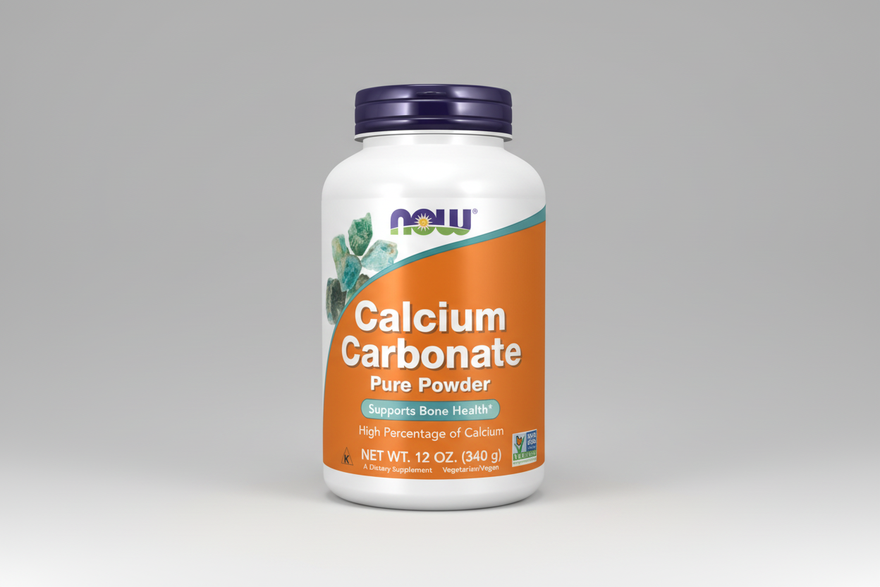 Supplement bottle labeled 'Calcium Carbonate Pure Powder' by NOW on a white background