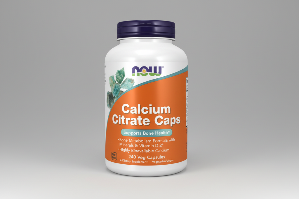 Supplement bottle labeled 'Calcium Citrate Caps' with NOW brand on a white background