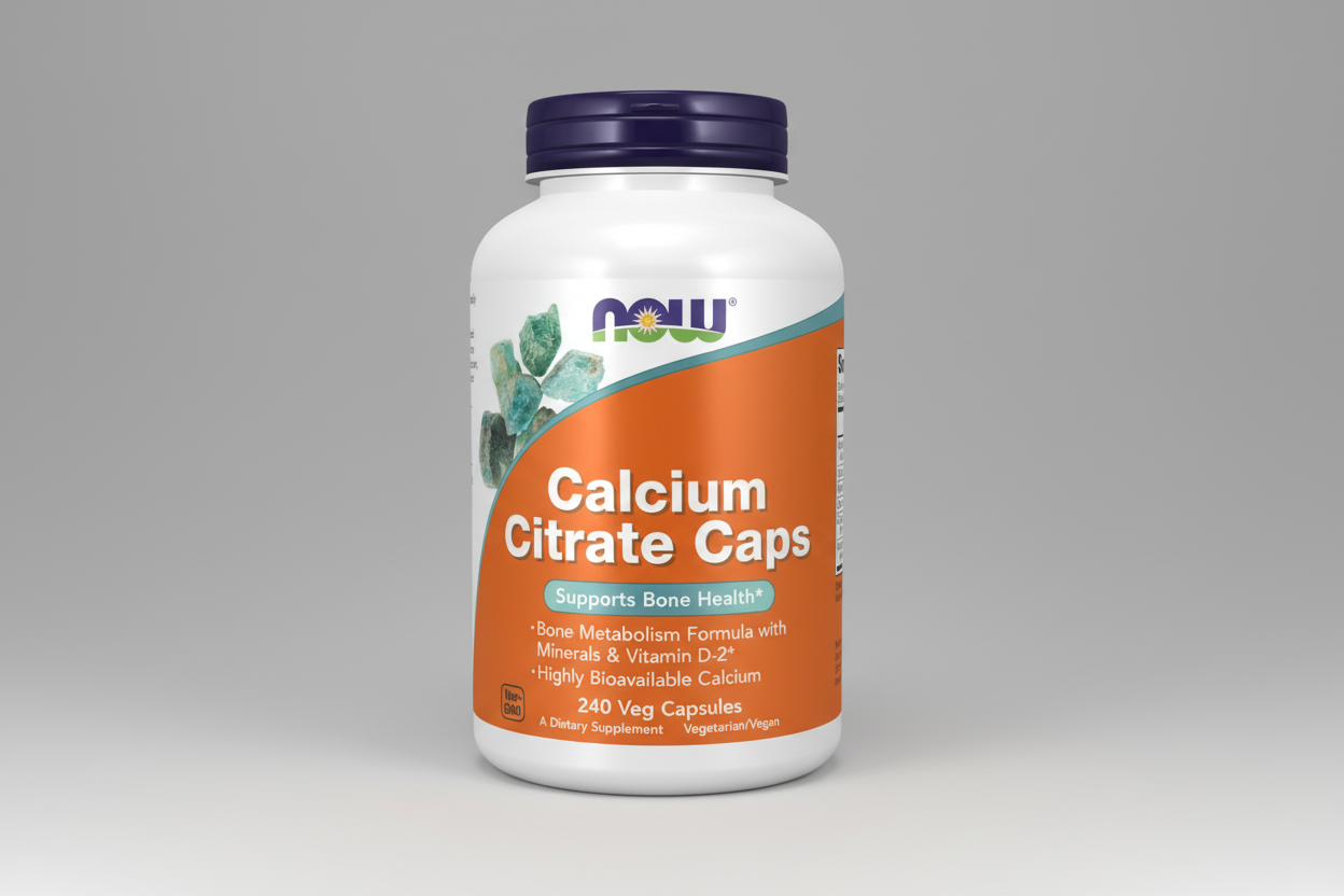 Supplement bottle labeled 'Calcium Citrate Caps' with NOW brand on a white background