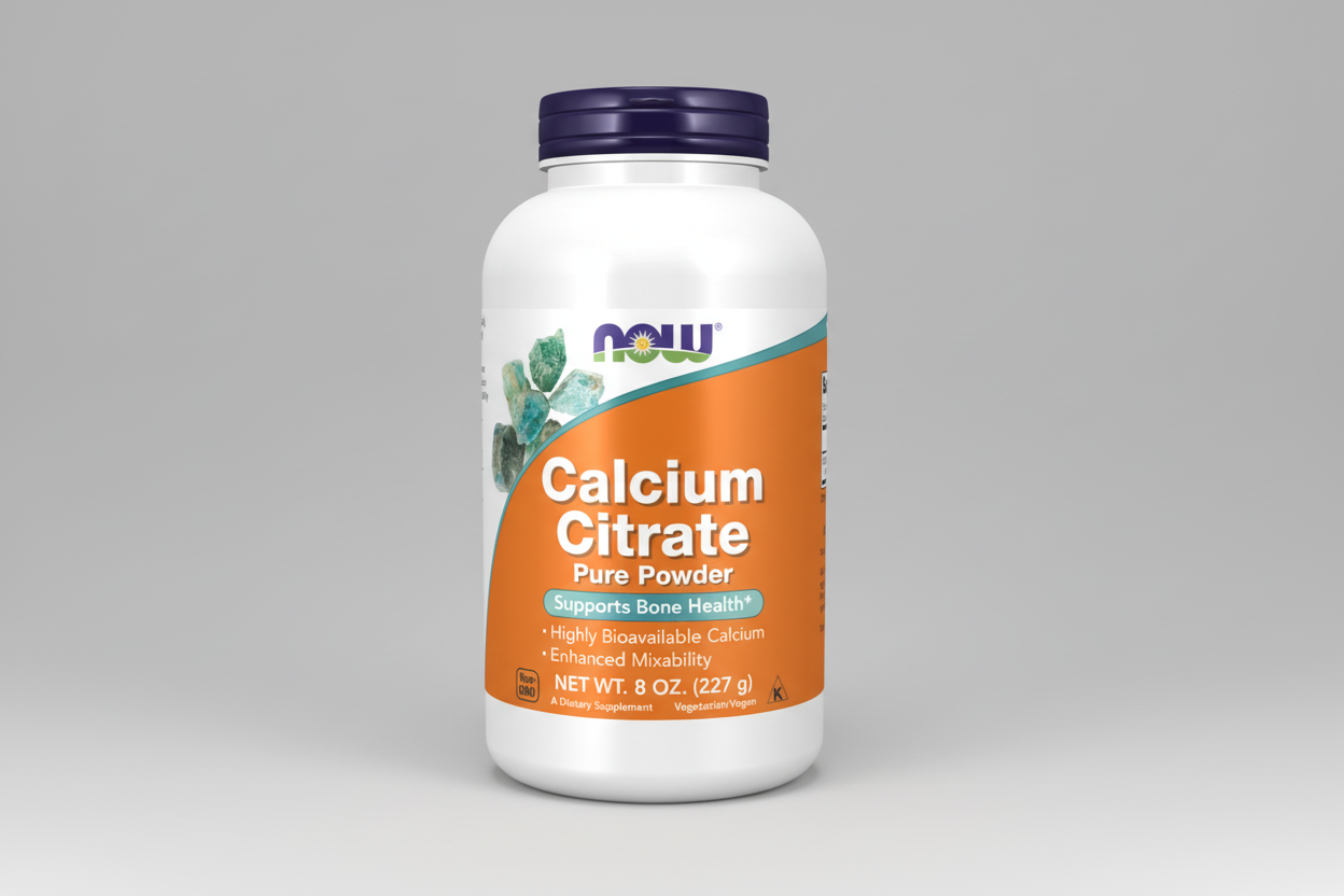 Supplement bottle labeled 'Calcium Citrate Pure Powder' by NOW on a white background