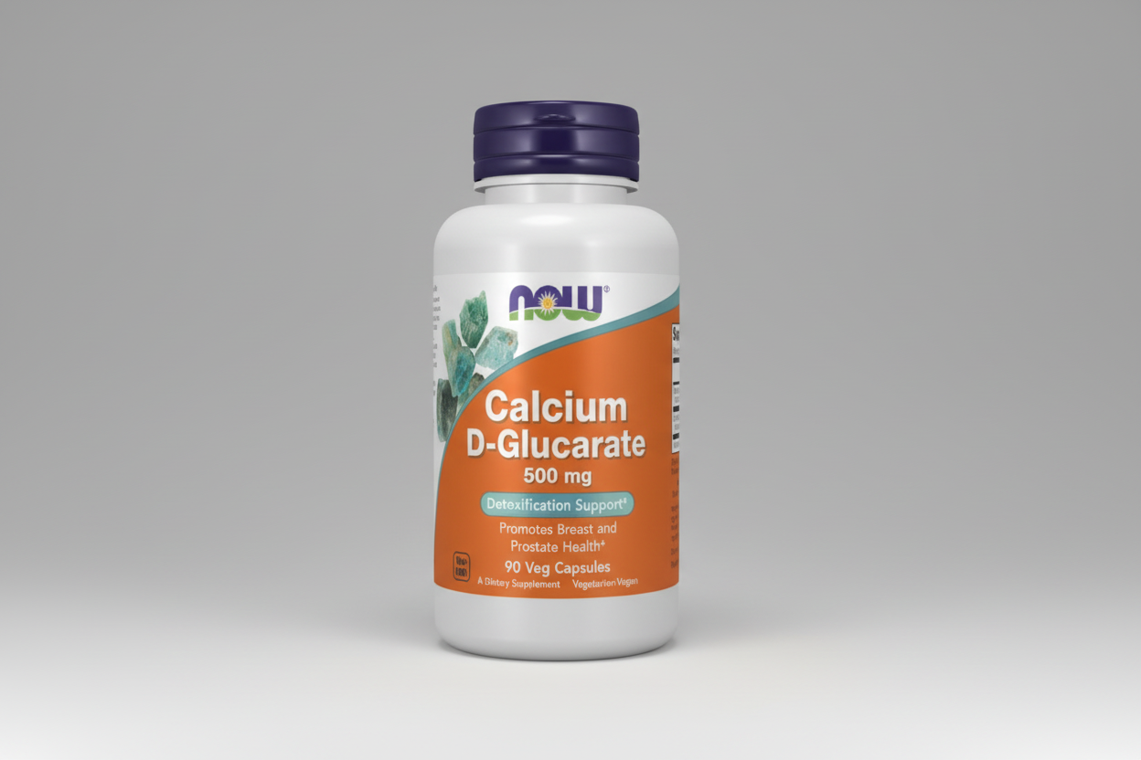 Supplement bottle labeled 'Calcium D-Glucarate 500 mg' by NOW on a white background