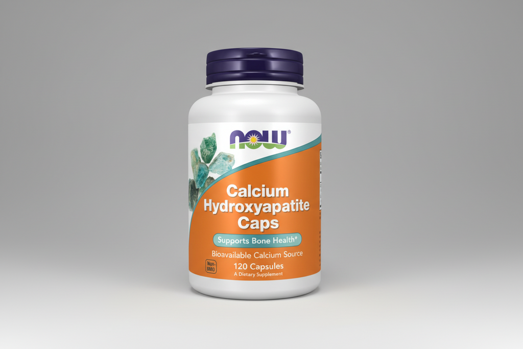 Supplement bottle labeled 'Calcium Hydroxyapatite Caps' by NOW on a white background