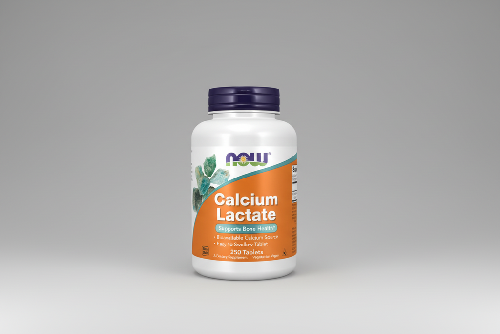 Supplement bottle labeled 'Calcium Lactate' with NOW brand on a white background