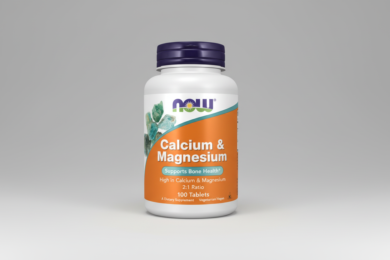 Supplement bottle labeled 'Calcium & Magnesium' with NOW brand on a white background