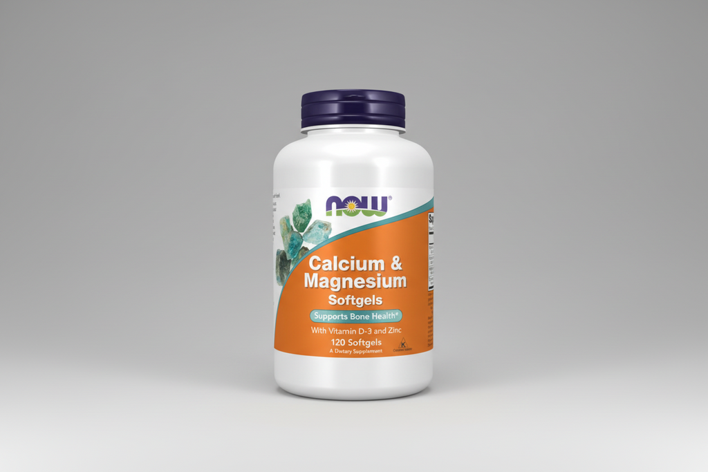 Supplement bottle labeled 'Calcium & Magnesium Softgels' with NOW brand on a white background