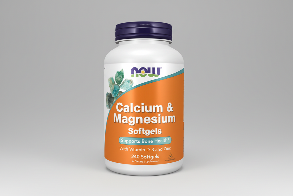Supplement bottle labeled 'Calcium & Magnesium Softgels' by NOW on a white background