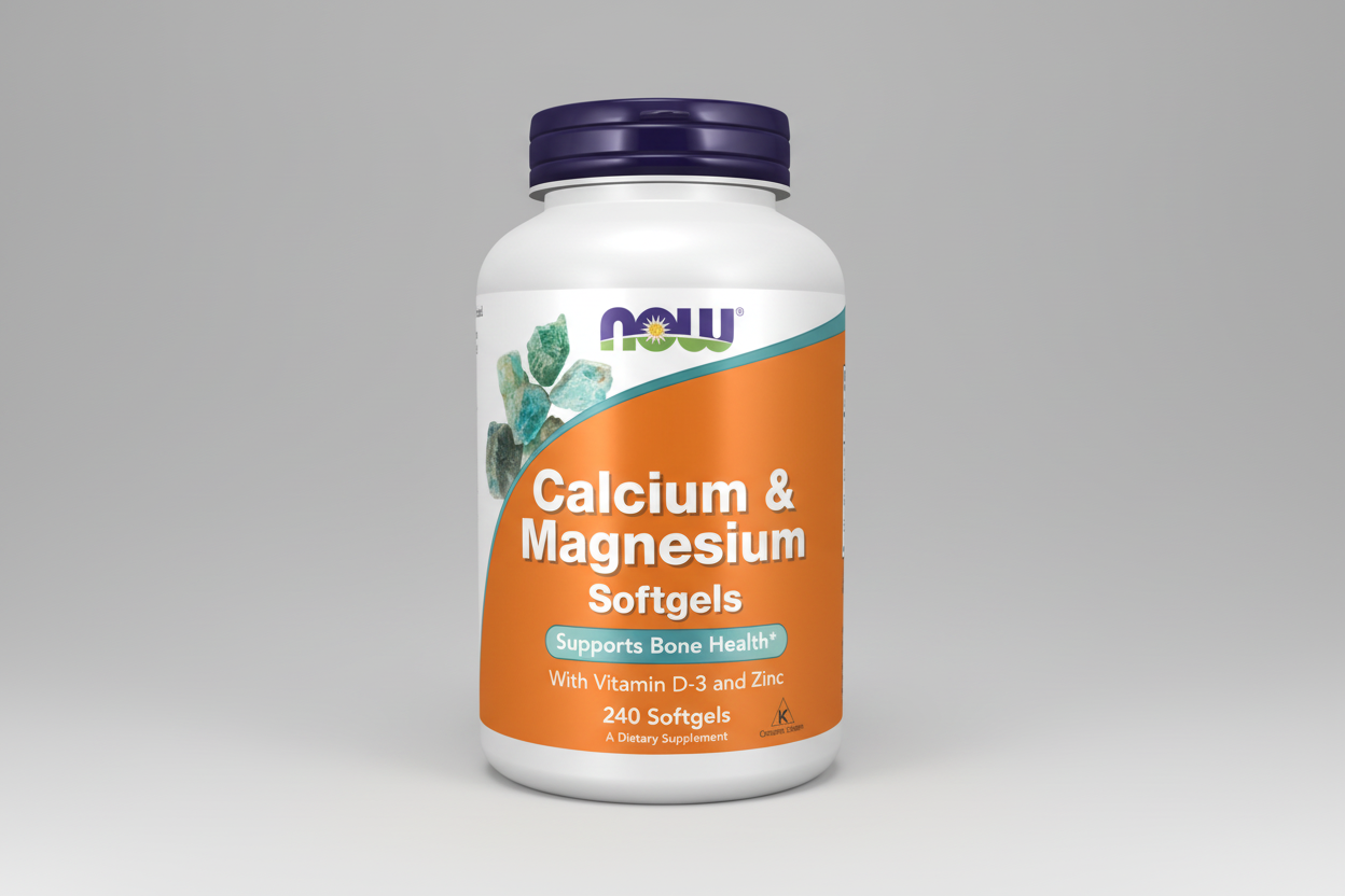 Supplement bottle labeled 'Calcium & Magnesium Softgels' by NOW on a white background