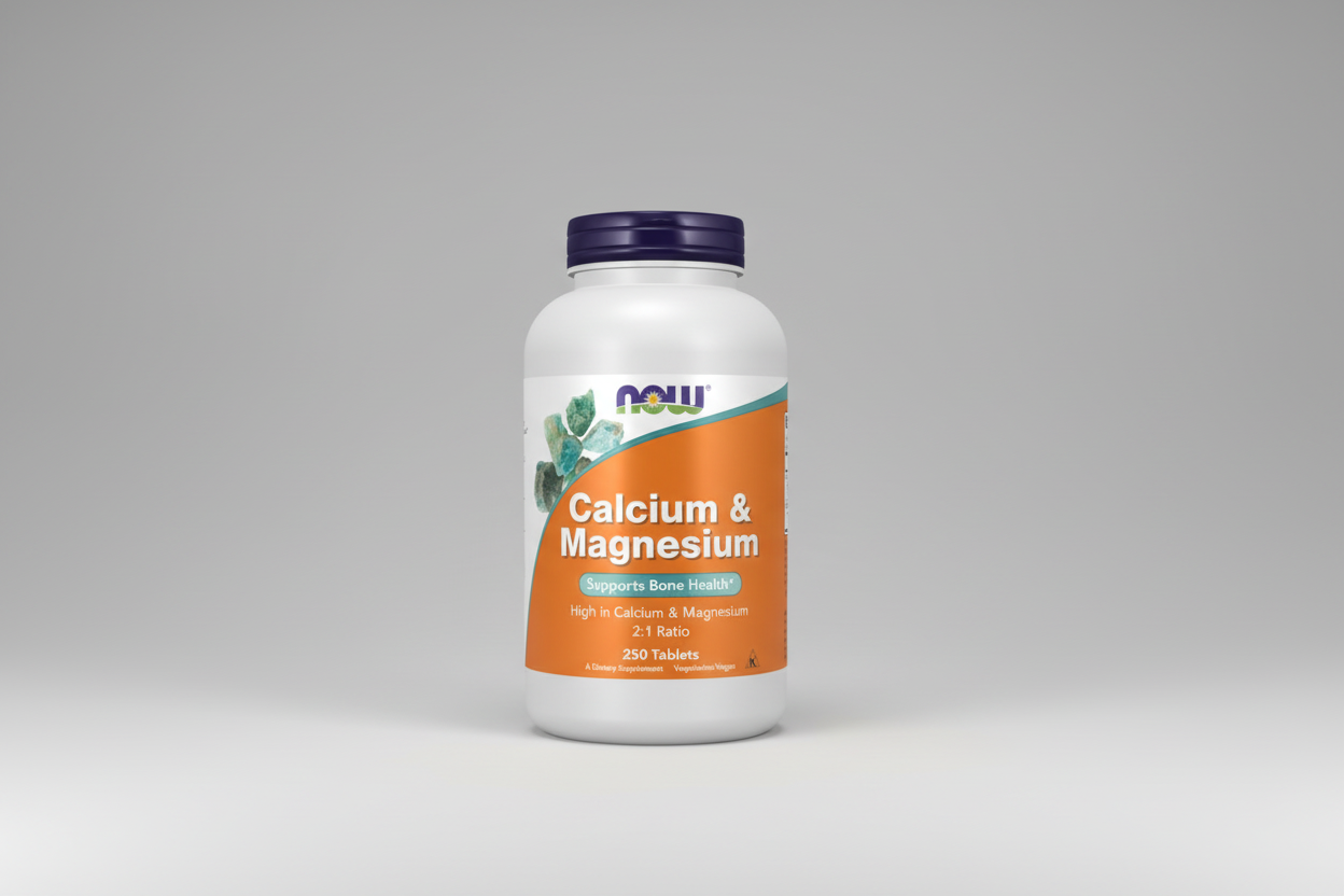 Supplement bottle labeled 'Calcium & Magnesium' by NOW on a white background