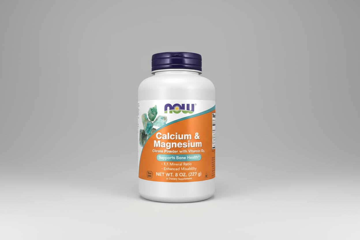 Supplement bottle labeled 'Calcium & Magnesium' with NOW brand on a white background