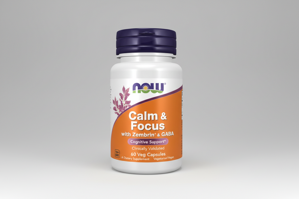Supplement bottle labeled 'Calm & Focus' with NOW brand on a white background