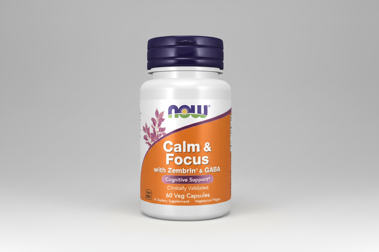 Supplement bottle labeled 'Calm & Focus' with NOW brand on a white background