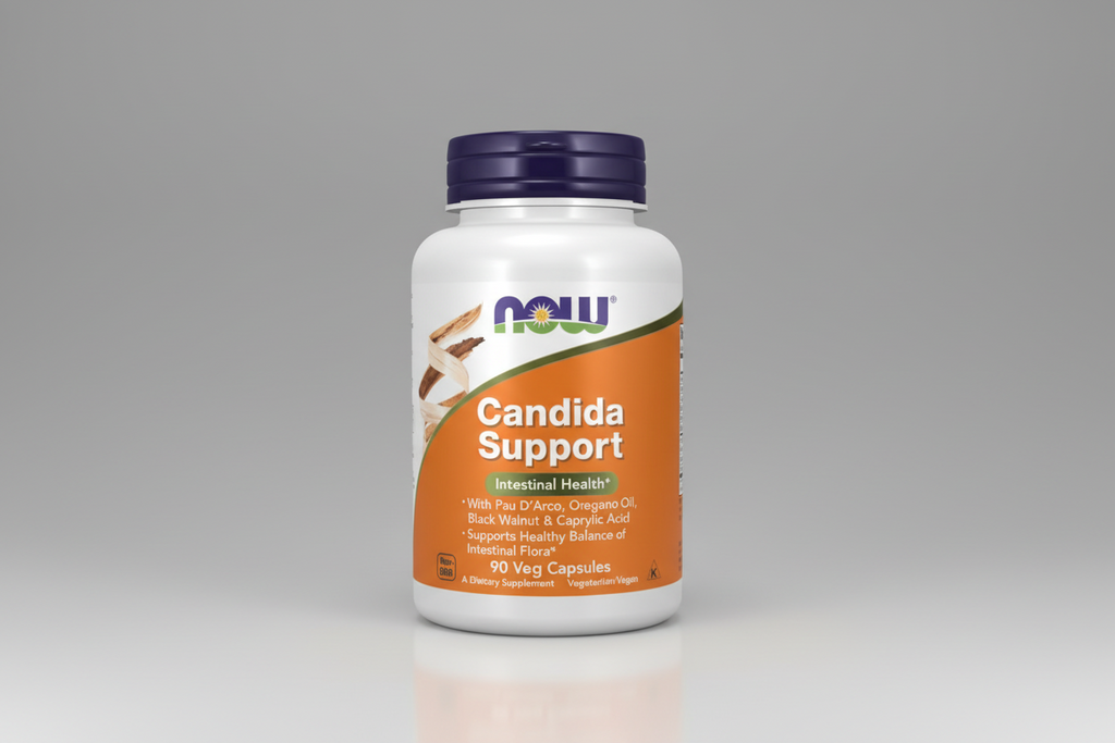 Supplement bottle labeled 'Candida Support' with NOW brand on a white background