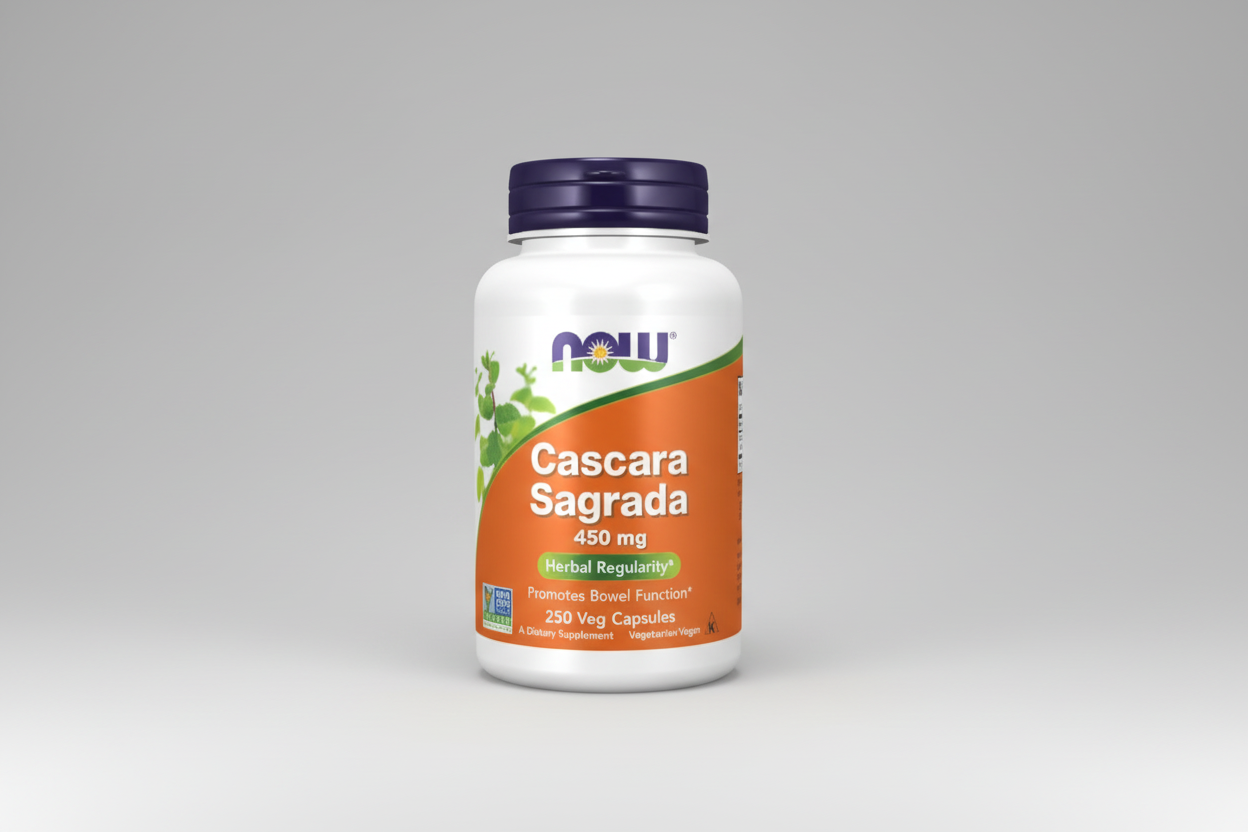 Supplement bottle labeled 'Cascara Sagrada' with NOW brand on a white background