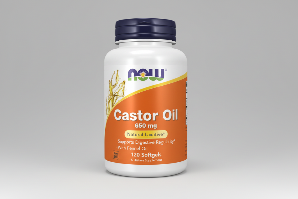 Supplement bottle labeled 'Castor Oil' with NOW brand on a white background