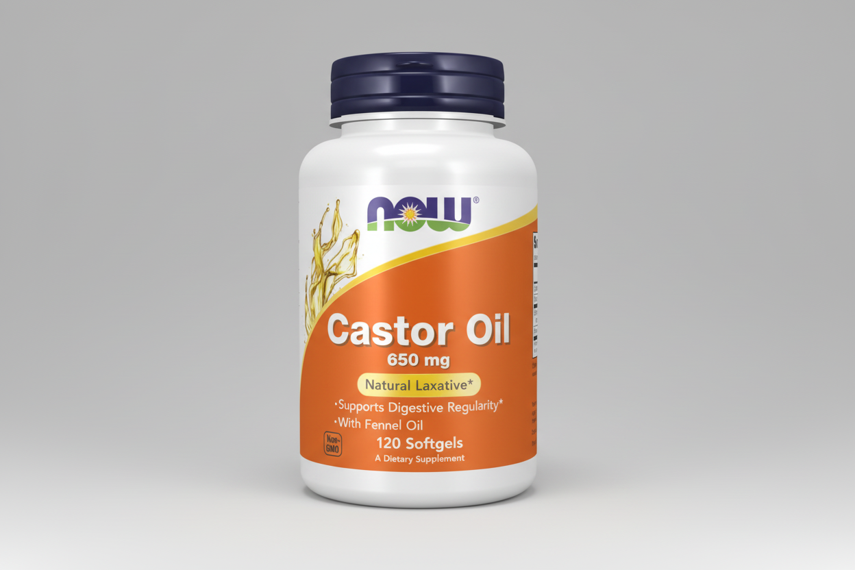 Supplement bottle labeled 'Castor Oil' with NOW brand on a white background