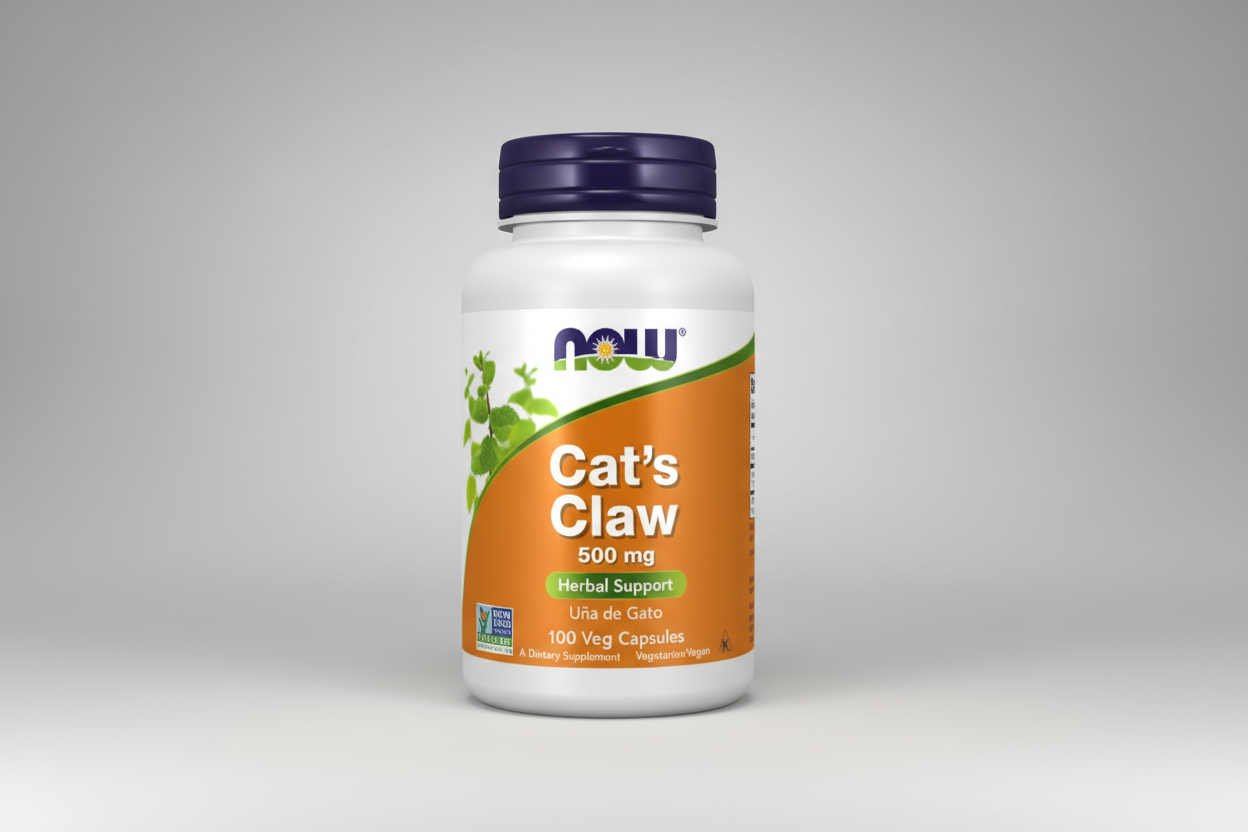 Supplement bottle labeled 'Cat's Claw' with NOW brand on an orange and white label.