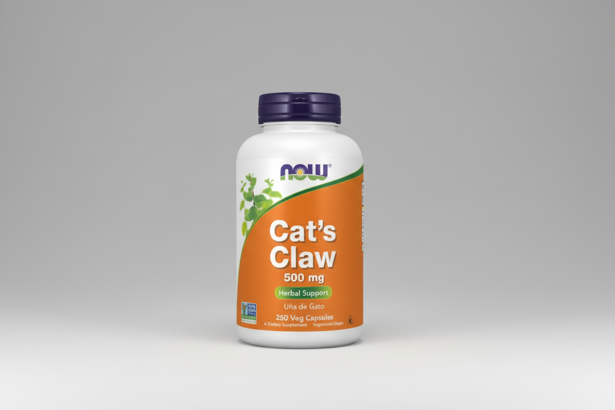 Vitamin supplement bottle labeled 'Cat's Claw' with Now brand on a white background
