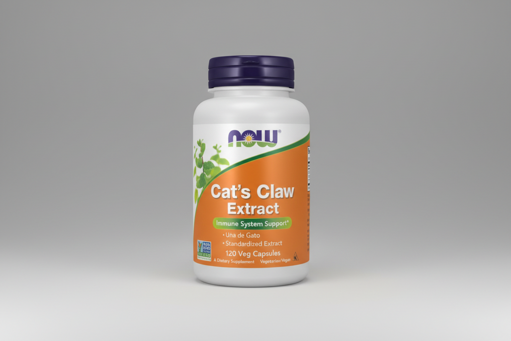 Cat's Claw Extract supplement bottle with NOW brand on a white background