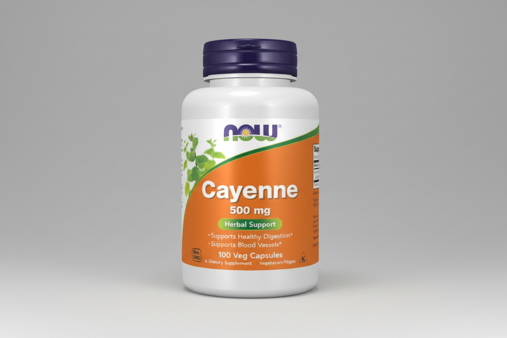 Supplement bottle labeled 'Cayenne 500 mg' with NOW brand on a white background