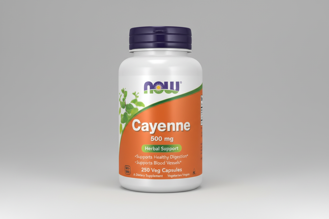 Supplement bottle labeled 'Cayenne' with Now brand logo on an orange background