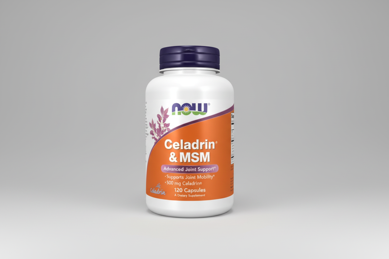 Supplement bottle labeled 'Celadrin & MSM' with NOW brand on a white background