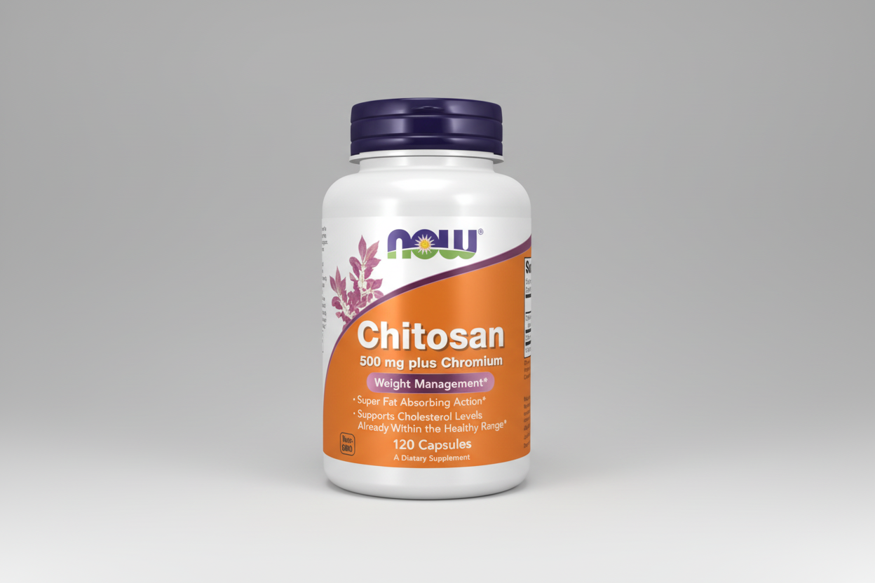 Supplement bottle labeled 'Chitosan' with Now brand on a white background