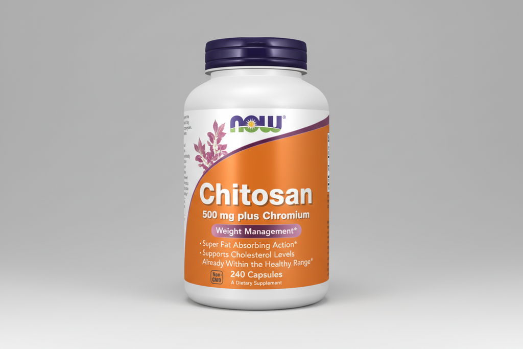 Supplement bottle labeled 'Chitosan 500 mg plus Chromium' by NOW on a white background