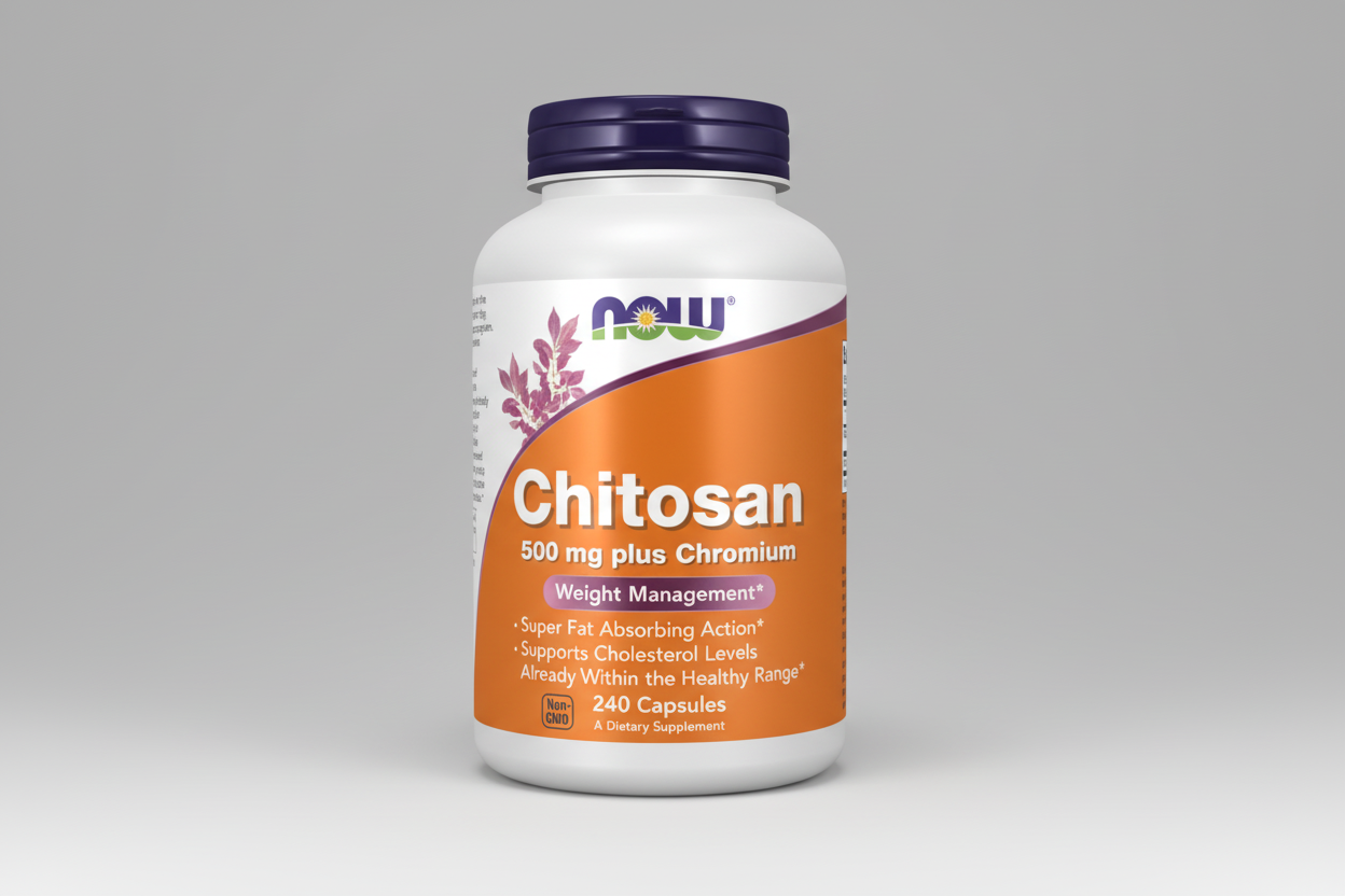 Supplement bottle labeled 'Chitosan 500 mg plus Chromium' by NOW on a white background