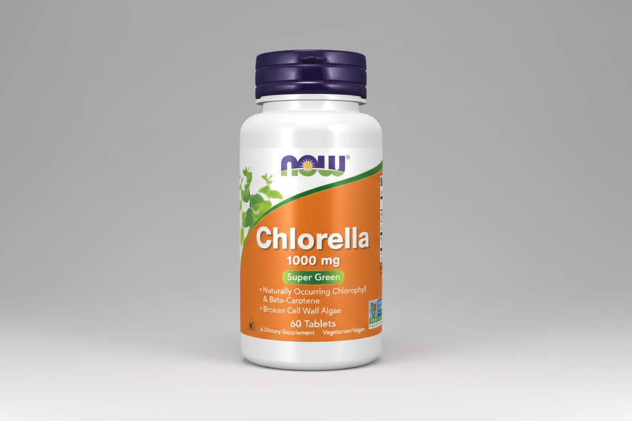 Chlorella supplement bottle with NOW brand on a white background