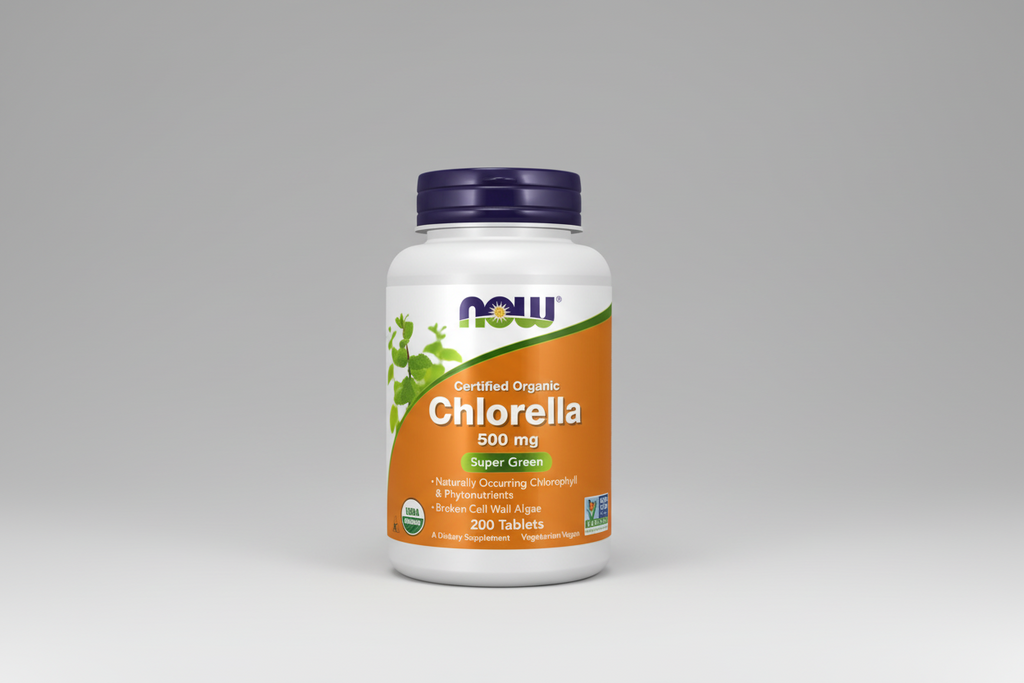 Supplement bottle labeled 'Chlorella' with Now brand on a white background