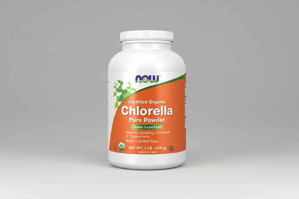 Container of NOW Chlorella Pure Powder on a white background