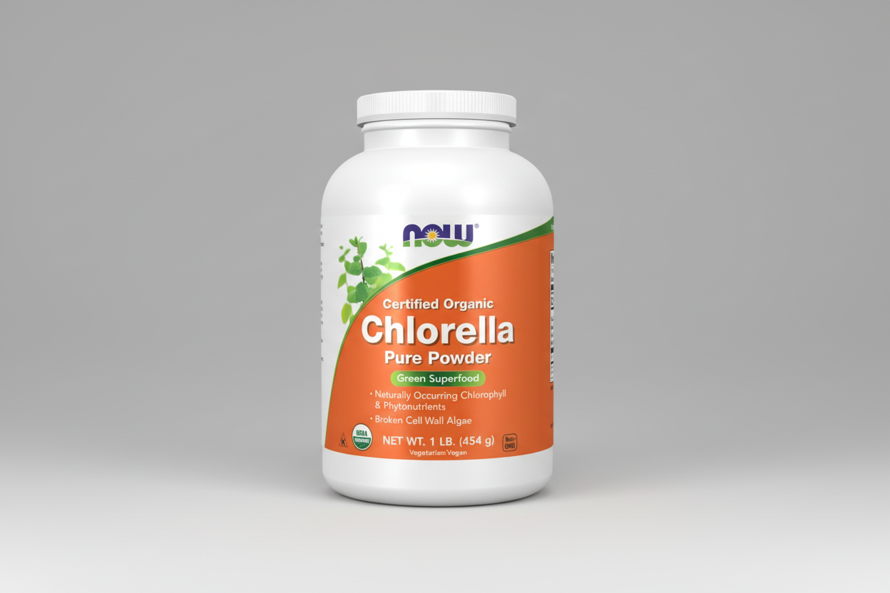 Container of NOW Chlorella Pure Powder on a white background