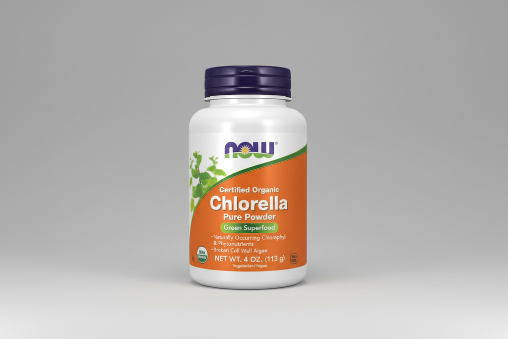 Chlorella pure powder bottle with NOW brand on a white background
