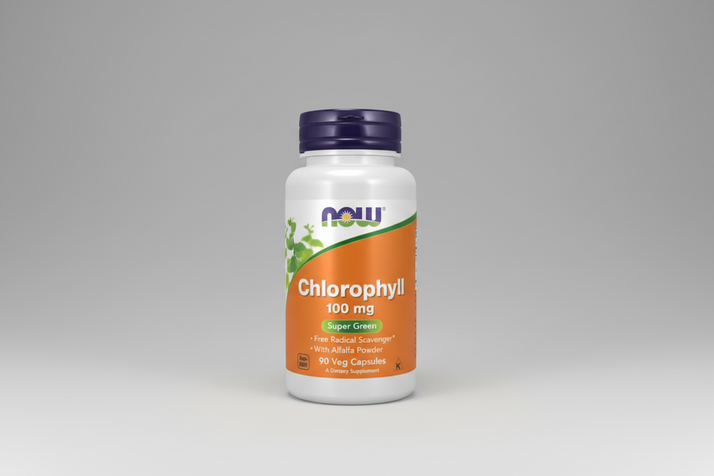 Supplement bottle labeled 'Chlorophyll 100 mg' with NOW brand on a white background