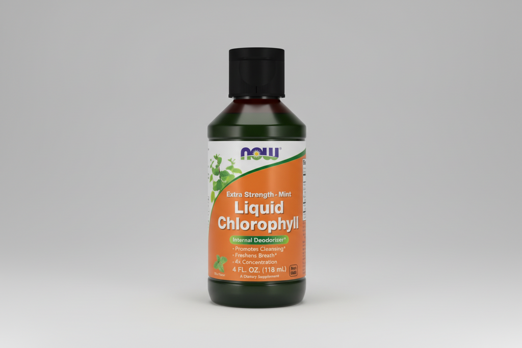 Bottle of Now Extra Strength Liquid Chlorophyll on a white background