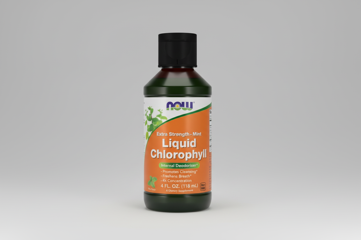 Bottle of Now Extra Strength Liquid Chlorophyll on a white background