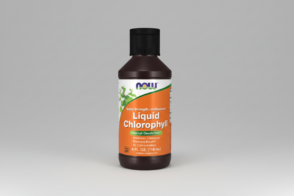 Bottle of Liquid Chlorophyll with Now Foods label on a white background