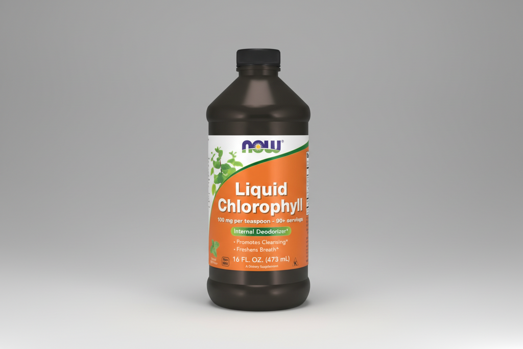 Bottle of Liquid Chlorophyll with Now Foods label on a white background