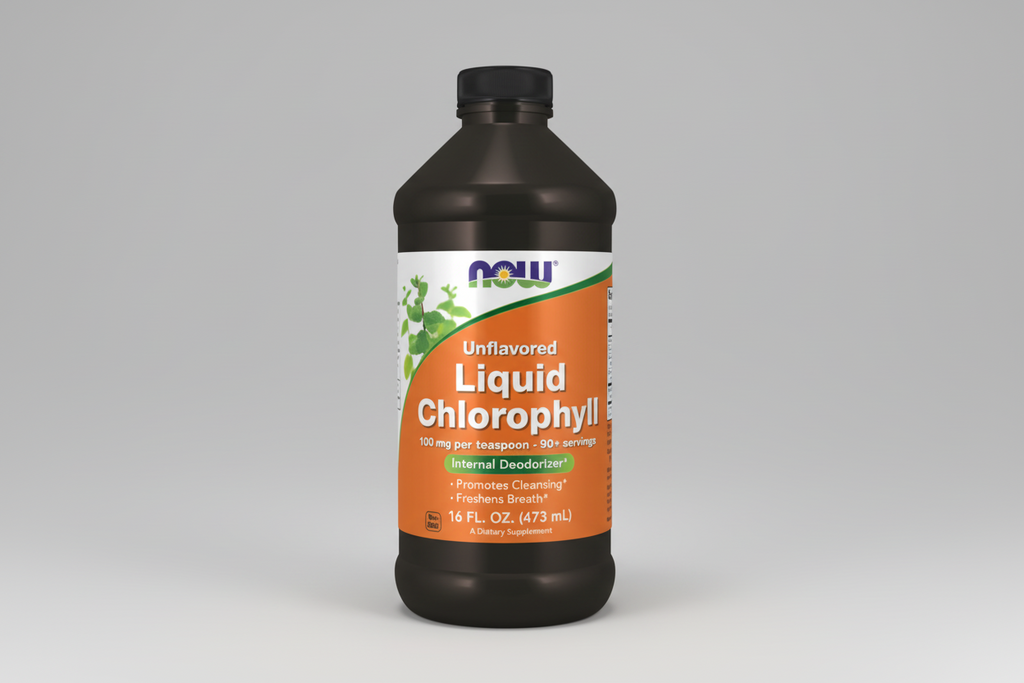 Bottle of Now Unflavored Liquid Chlorophyll on a white background