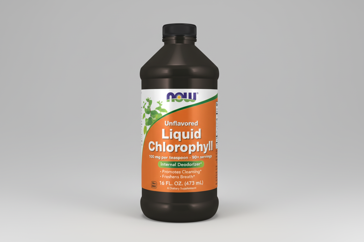 Bottle of Now Unflavored Liquid Chlorophyll on a white background