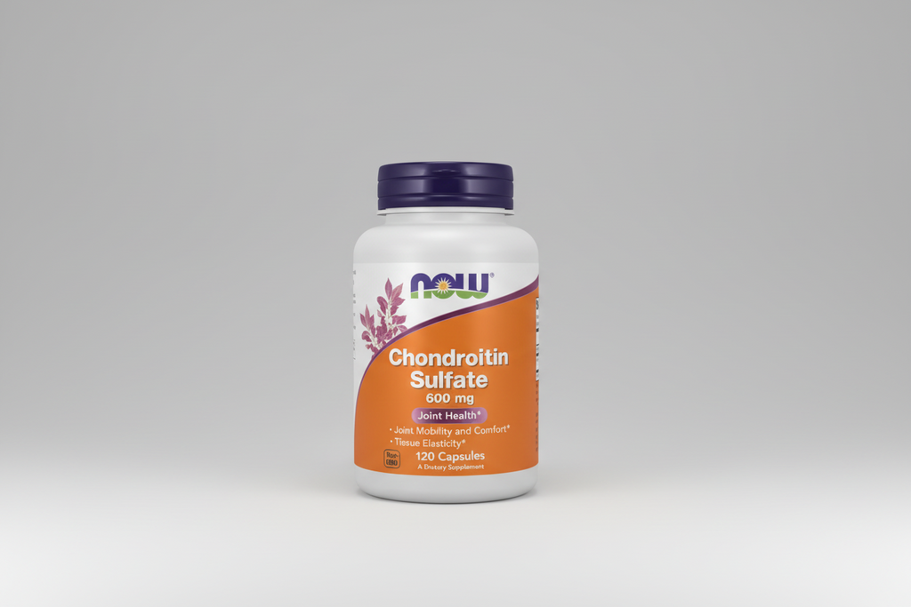 Supplement bottle of Chondroitin Sulfate 600 mg by NOW on a white background