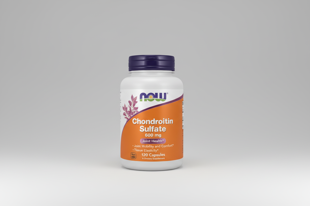 Supplement bottle of Chondroitin Sulfate 600 mg by NOW on a white background