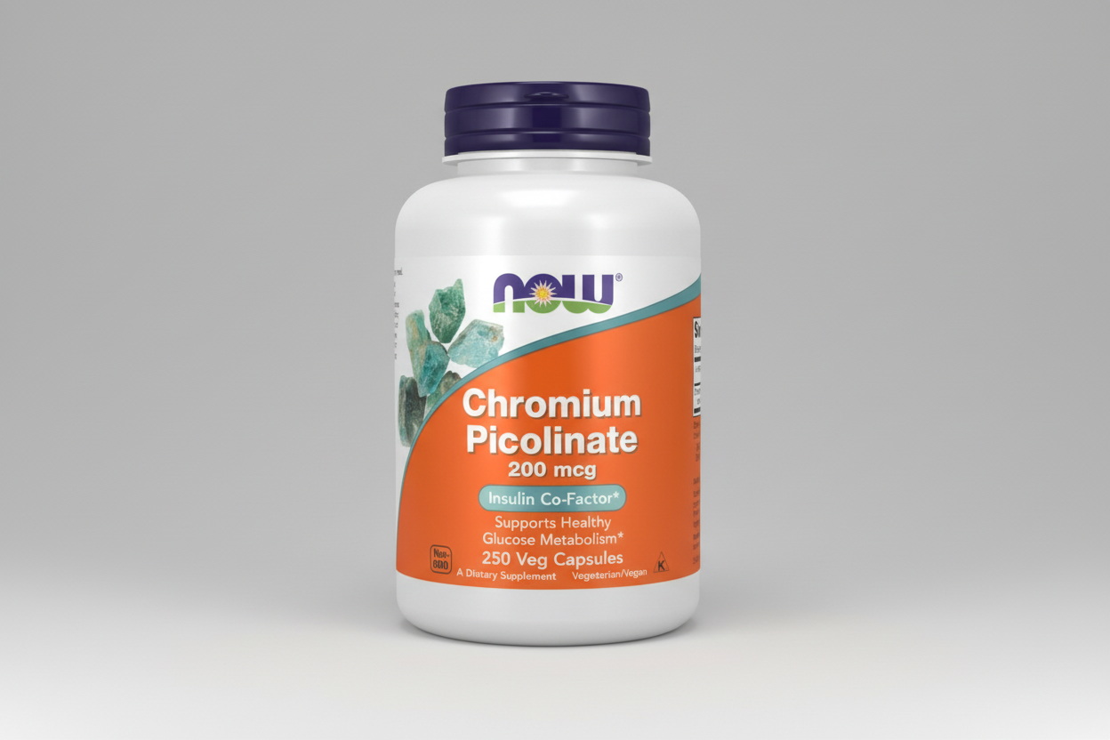 Supplement bottle labeled 'Chromium Picolinate 200 mcg' by NOW on a white background