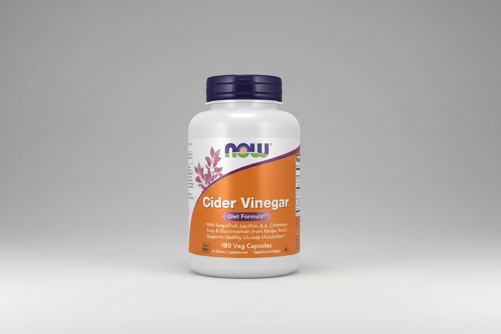 Supplement bottle labeled 'Cider Vinegar' by NOW on a white background