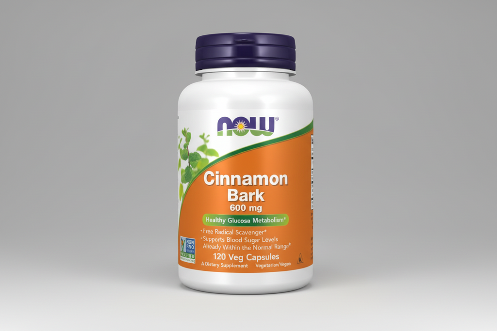 Supplement bottle labeled 'Cinnamon Bark' with NOW brand on a white background