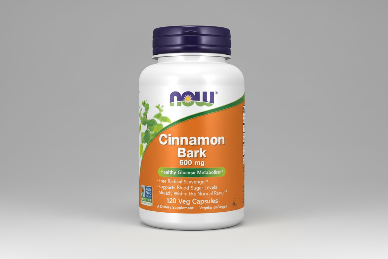 Supplement bottle labeled 'Cinnamon Bark' with NOW brand on a white background